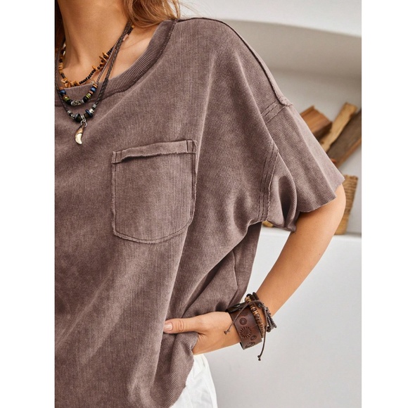 Coffee Brown Cotton Oversized Tee Shirt Raw Hem and Inside Out Stitches - Picture 4 of 9